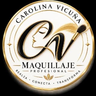 Sello de Caro Vicuña Makeup: monograma CV con perfil femenino y brocha dorada