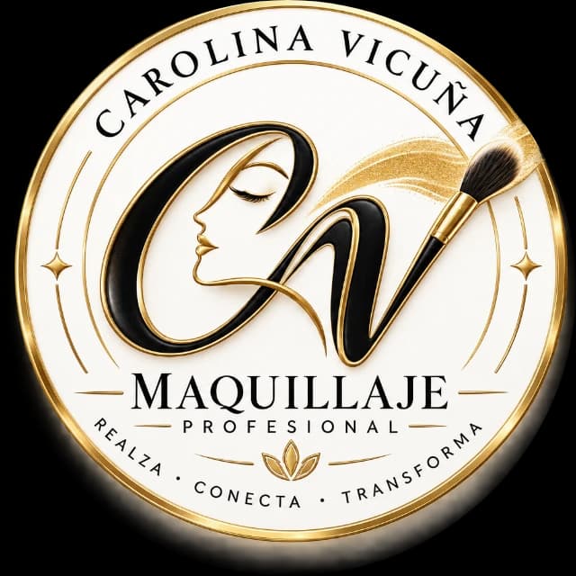 Sello de Caro Vicuña Makeup: monograma CV con perfil femenino y brocha dorada